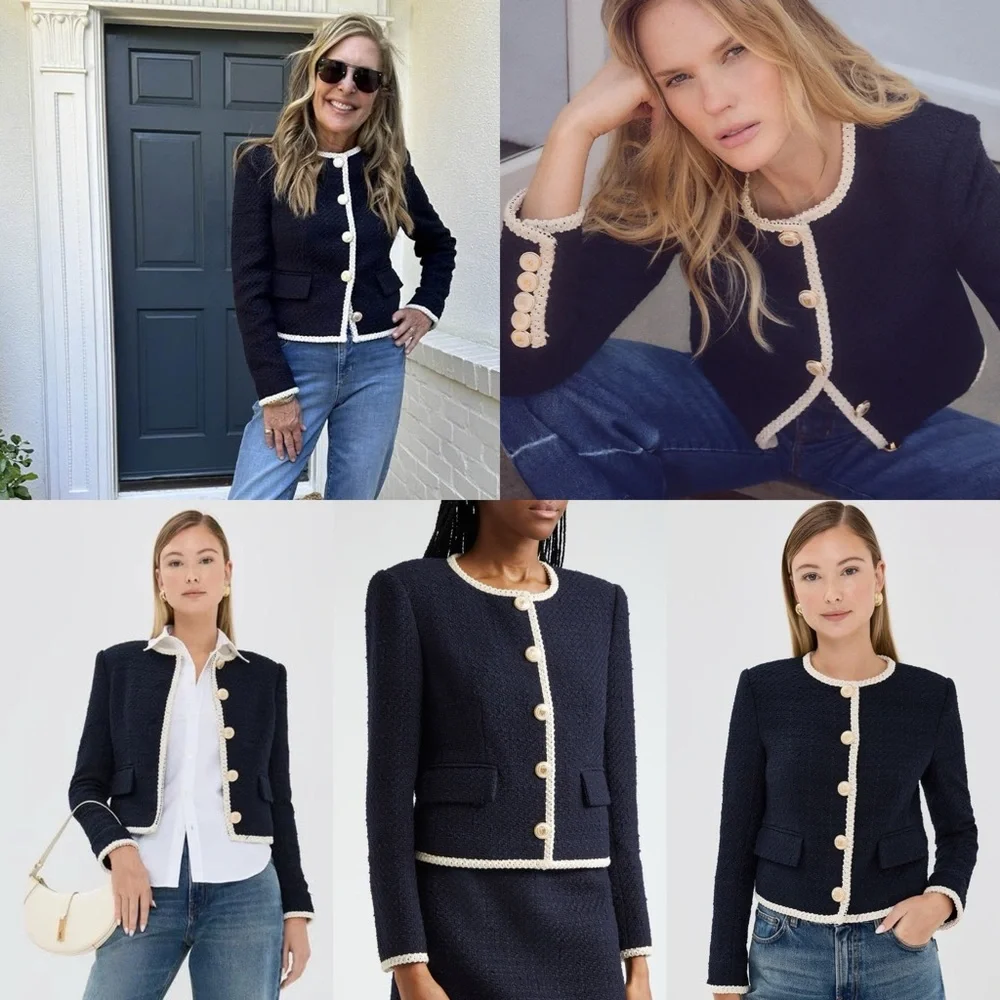 Veronica Beard Mabel Tweed Jacket Blazer Navy Ivory Trim Size 12 - Picture 16 of 16